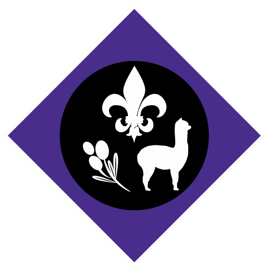 A llama and floral design inside a circle on a purple diamond background.