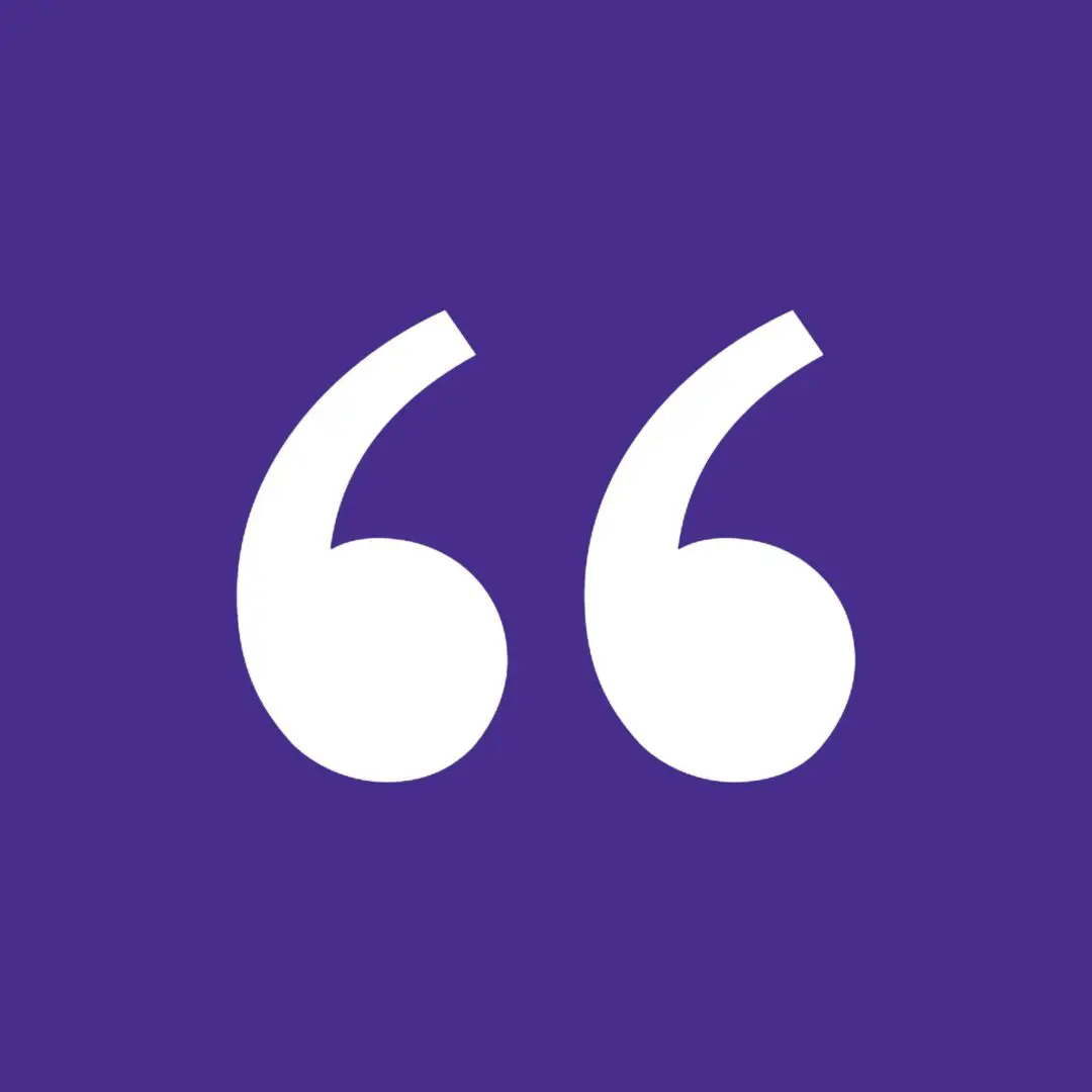 White quotation marks on a purple background.